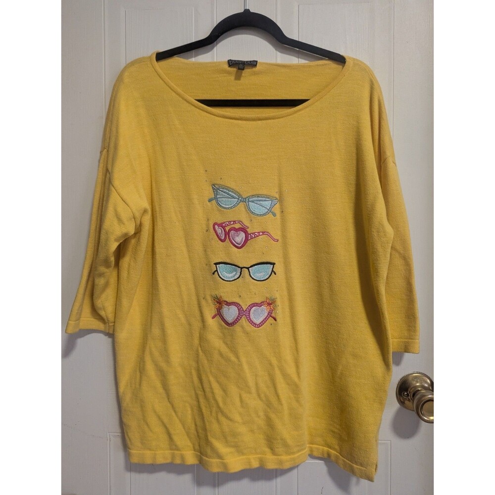 bua/bua Women's XL Yellow Cotton Knit Scoop Neck 3/4 Dolman Sunglasses Sweater